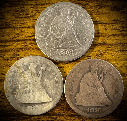 1856 1876 1876-CC Seated Liberty Quarter Lot Of 3 Coins0