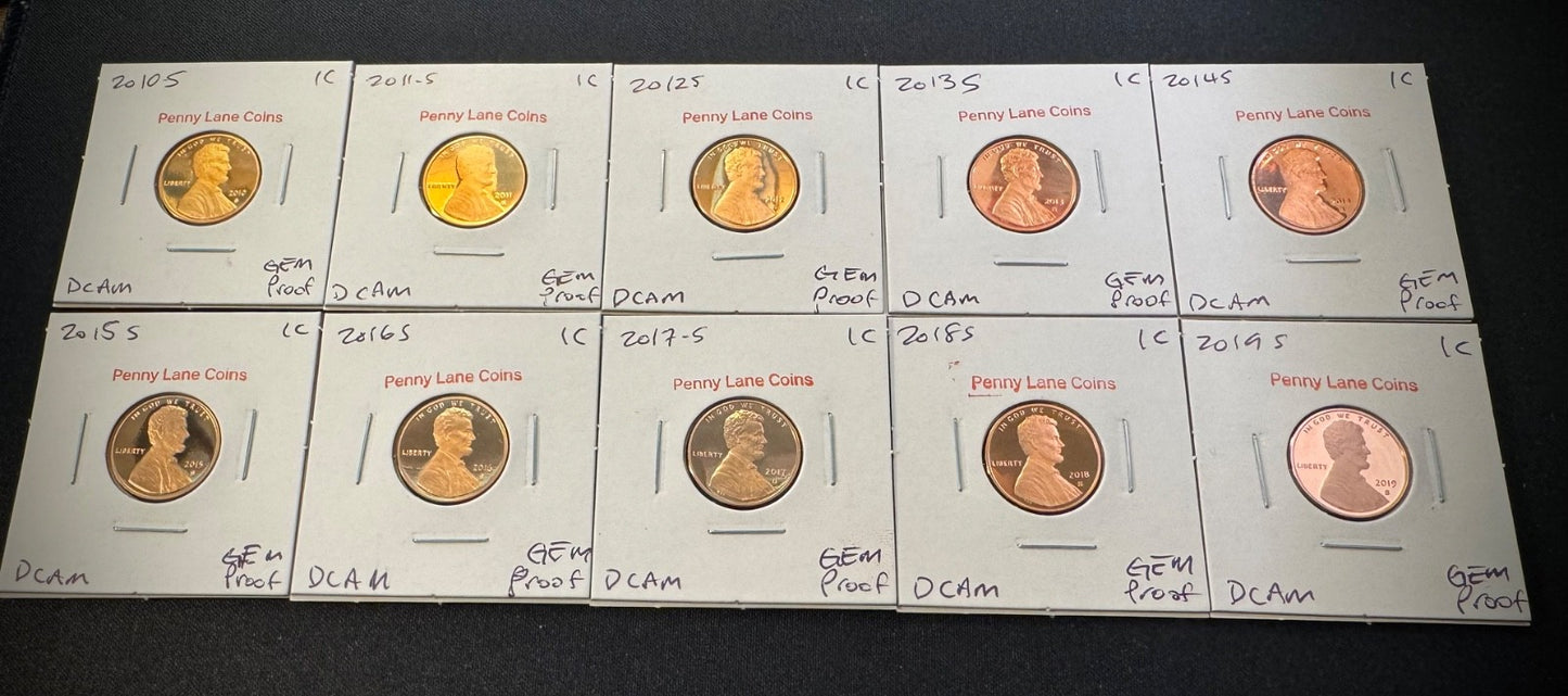 2010-2019 S Lincoln Shield Cent GEM PROOF 10 Coin CONSECUTIVE Years Lot Set2